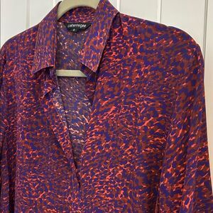 Catherine Gee 100% Silk Purple Red Abstract Print Button-Up Popover Shirt Small